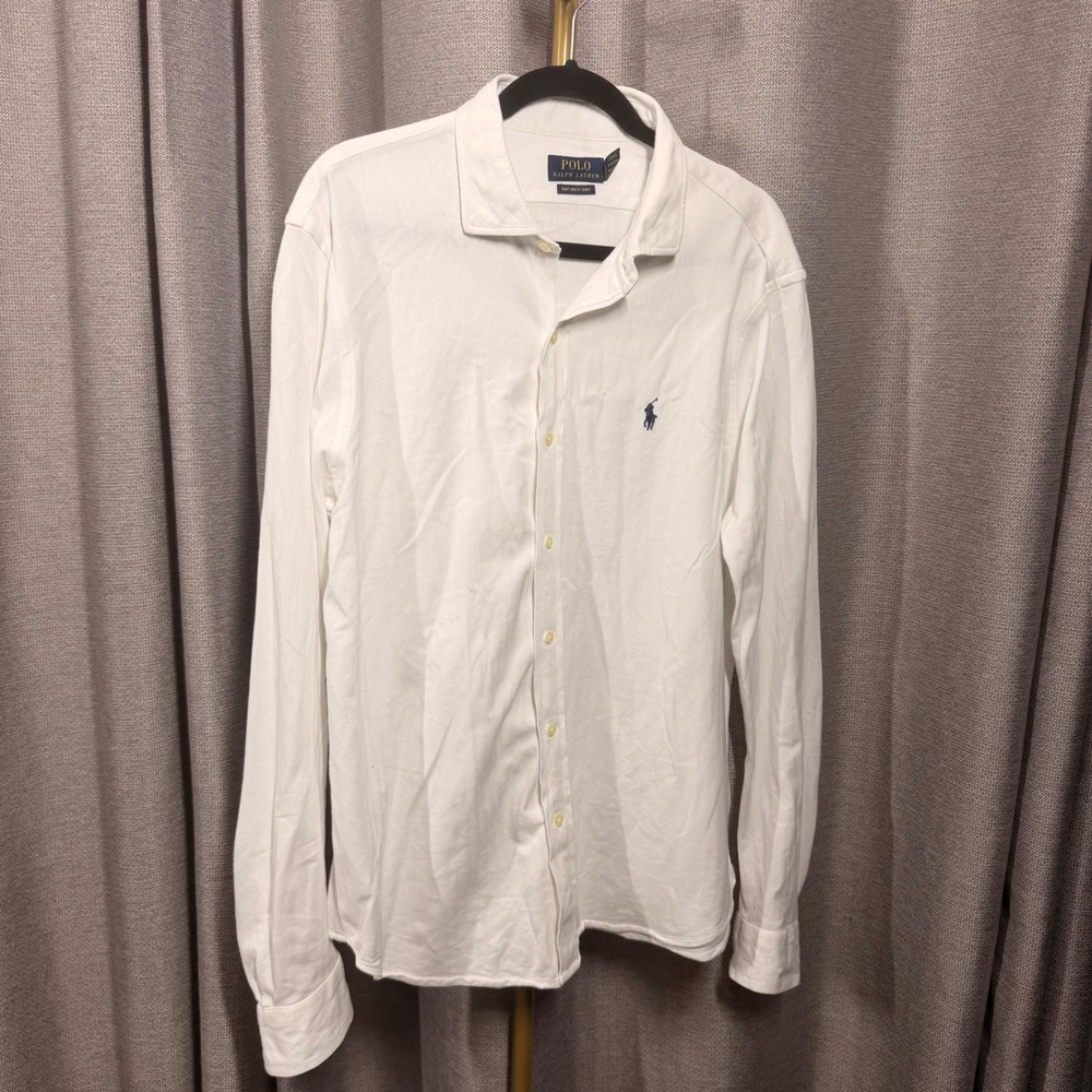 Polo Ralph Lauren White Knit Dress Shirt XL Cotton Herringbone Mens Button up